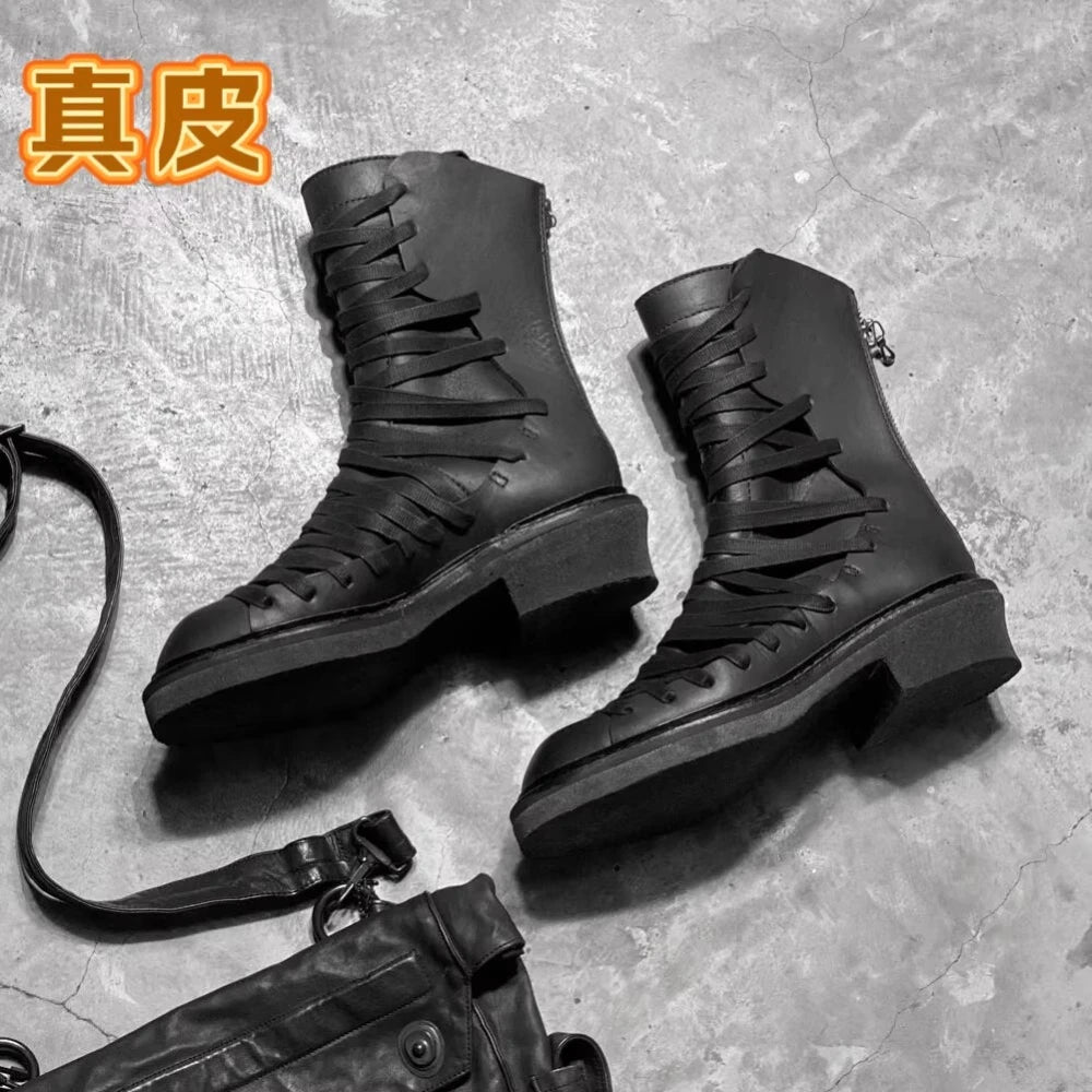 Side Cross Tied Black Walking Boots Fashion Men's Mid-calf Knight Boots Flat Round Toe Solid Back Zipper Western Chelsae Boots