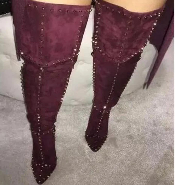 Sexy Green Blue Suede Gold Studs Women Over The Knee Boots Ladies High Heel Thick Slip On Point Toe Rivets Motorcycle Botas