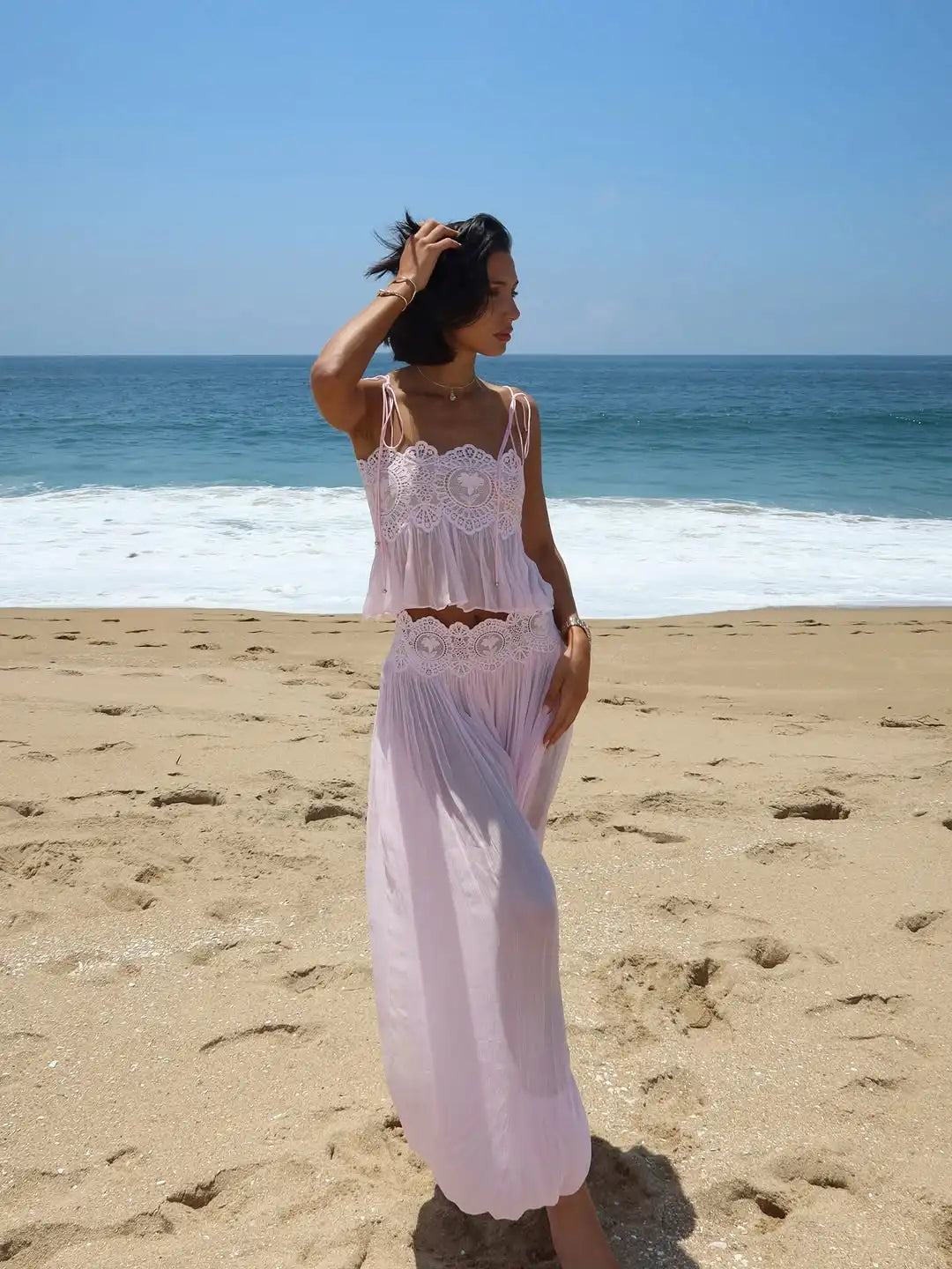 Light Blue Halter Neck Pleated Mini Dress Lady Sleeveless High Waist Hollow Lace Short Vestidos Summer Women's Vacation Outfit