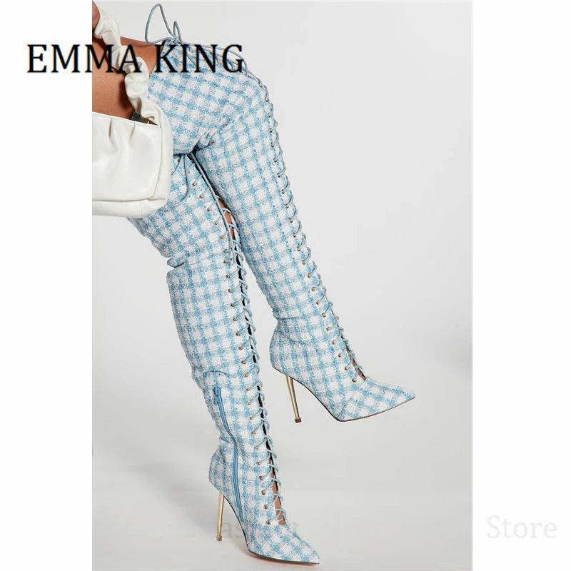 Women Plaid Lace Up Boots Sexy Pointy Toe Stiletto Heel Long Boots Ladies Fashion Footwear Non- Stretch Fabric Botas De Mujer 44