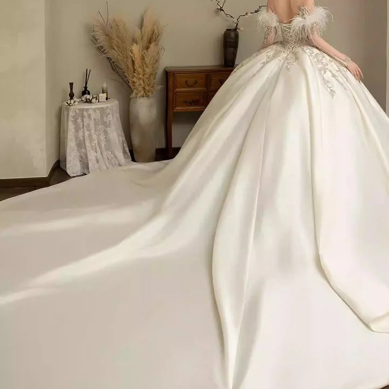 Customized Vestido De Noiva Strapless Sleeveless Wedding Dresses 2025 For Women Beads Sewn Ivory Lace Bride Boho Bridal Gown 096