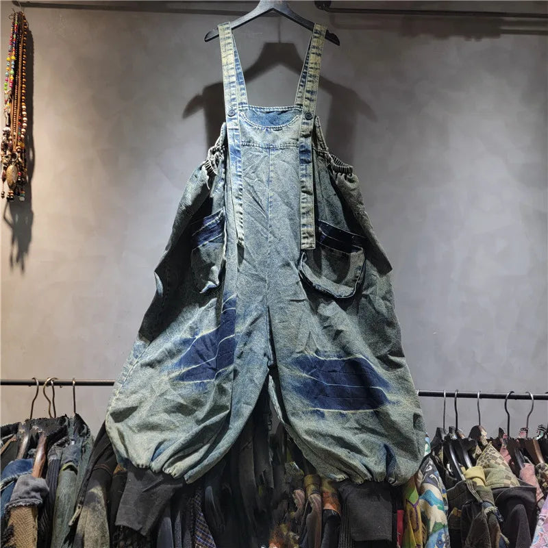 WTHT Vintage Fashion Women's Wash Patchwork Denim Rompers 2026 Spring Trendy Sleeveless Loose Jumpsuits Female 1LS2869