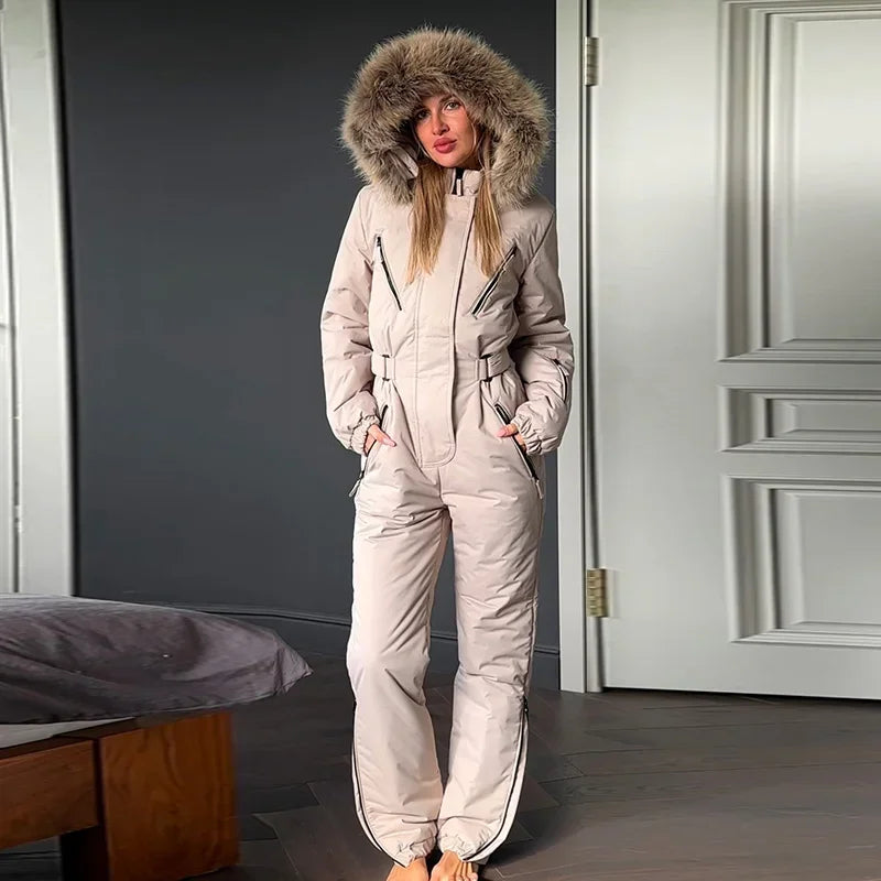 Casual Fur Hooded Patchwork Ski Jumpsuits Women Slim Thicken Zippers Belts Lady Jumpsuit 2026 Autumn Winter Chic Female Skiwear