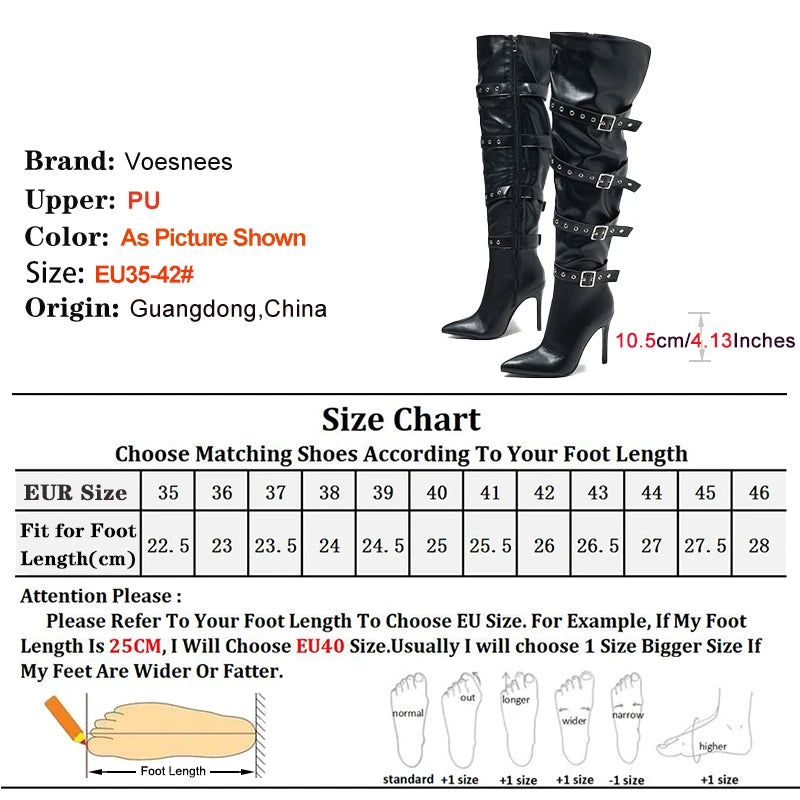 Fashion Belt Buckle Sexy Pointy Toe Over-the-knee Boots Women 10.5CM Stiletto Heels Black Thigh-high Nightclub Club knight Shoes
