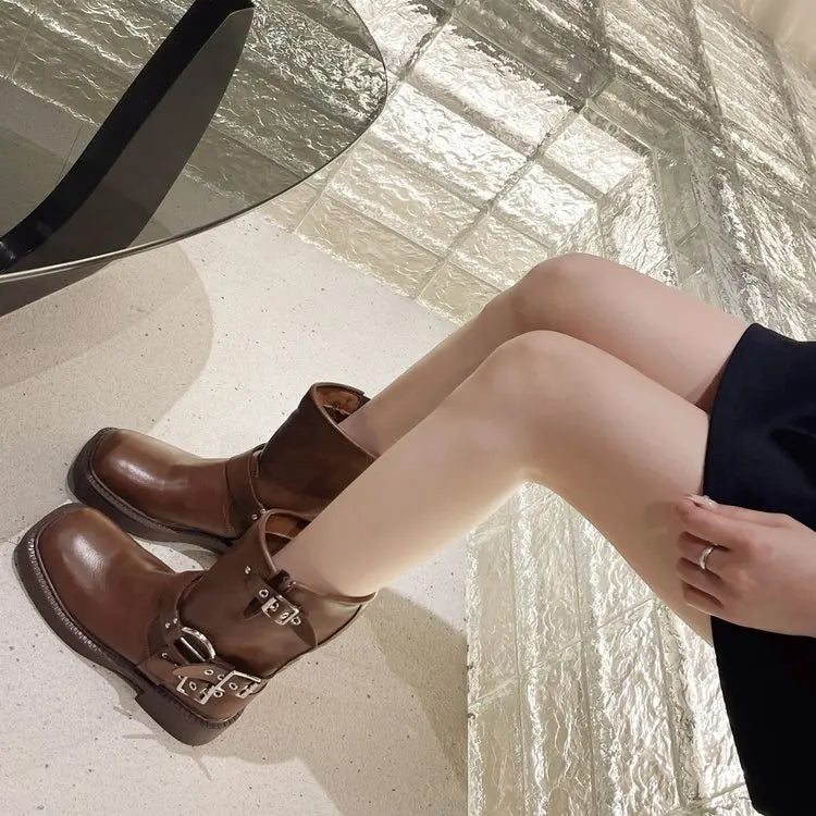 Women's Ankle Boots Autumn Work Fashion Elegant Punk New in Black Luxury Low Heel Round Toe Leather Dropshipping Center Footwear