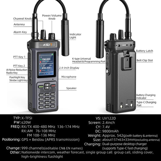 KSUN UV122D Portable Walkie Talkie 20W High Power Walkie Talkie UV Reception for AM Aviation/NOAA Long Range Two Way Radio