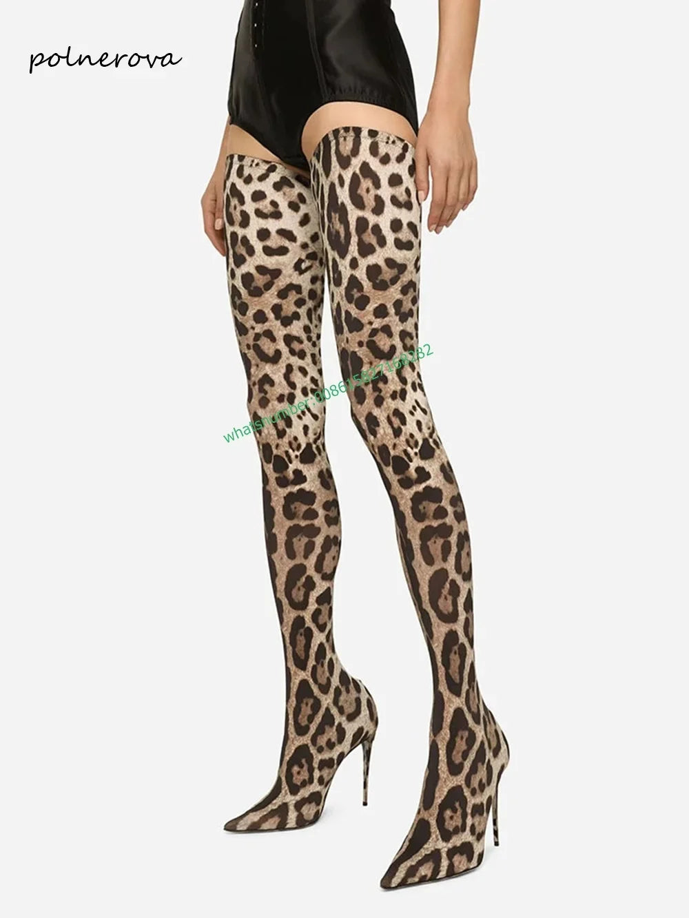 Leopard Over The Knee Boots Tight Fitting Pointy Thin Heels Slip-On Sexy Runway Show Fashion Party Pubs Shoes for Women Newest