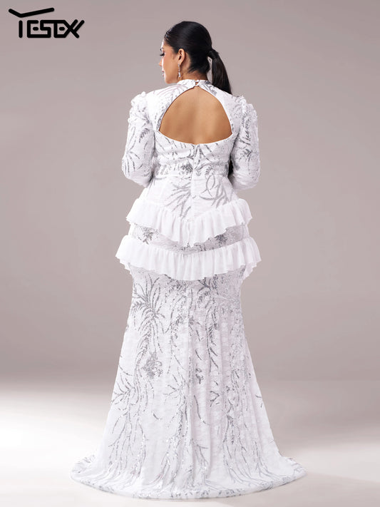 Yesexy Plus Size Elegant Beautiful Women Round Neck Long Sleeved Split Evening Gown Wedding Birthday Party Formal Occasion Dress