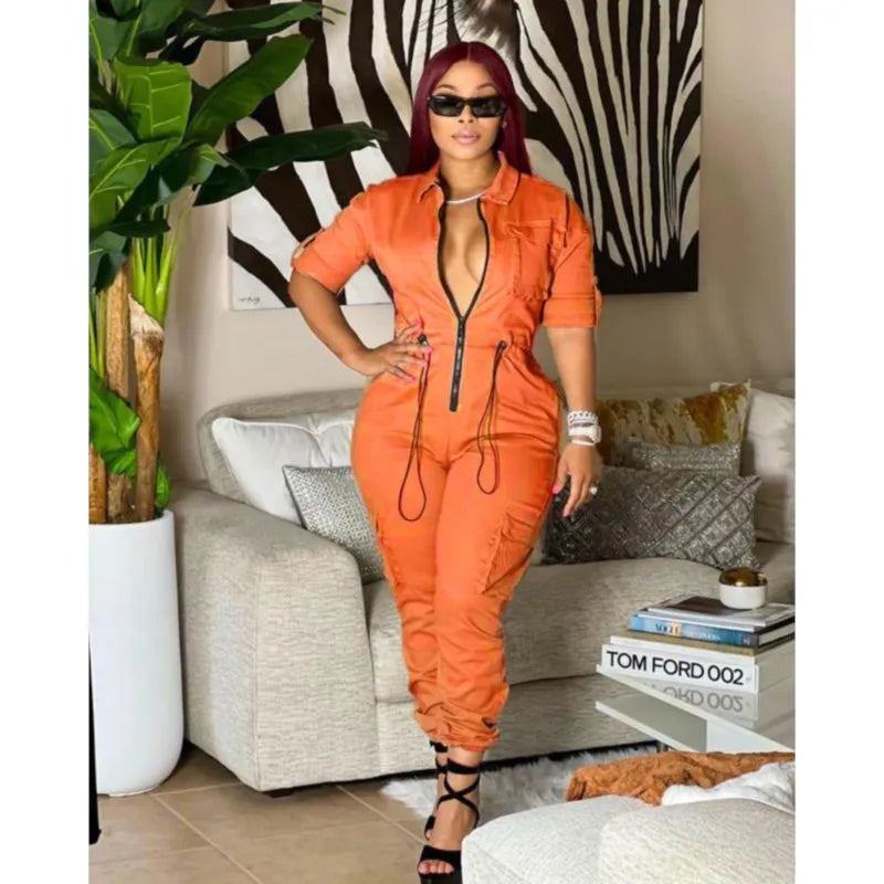 Women's Cargo Style Sexy Jumpsuits Front Zipper Slim Female Sexy Street Party 2025 Summer New Fashion One Piece Suit Long Romper