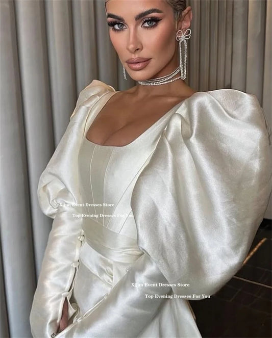 Xijun Ivory Satin Modern Evening Dresses Formal High Low Wedding Dresses Puff Sleeves Birthday Party Gowns Women 2025 Customized