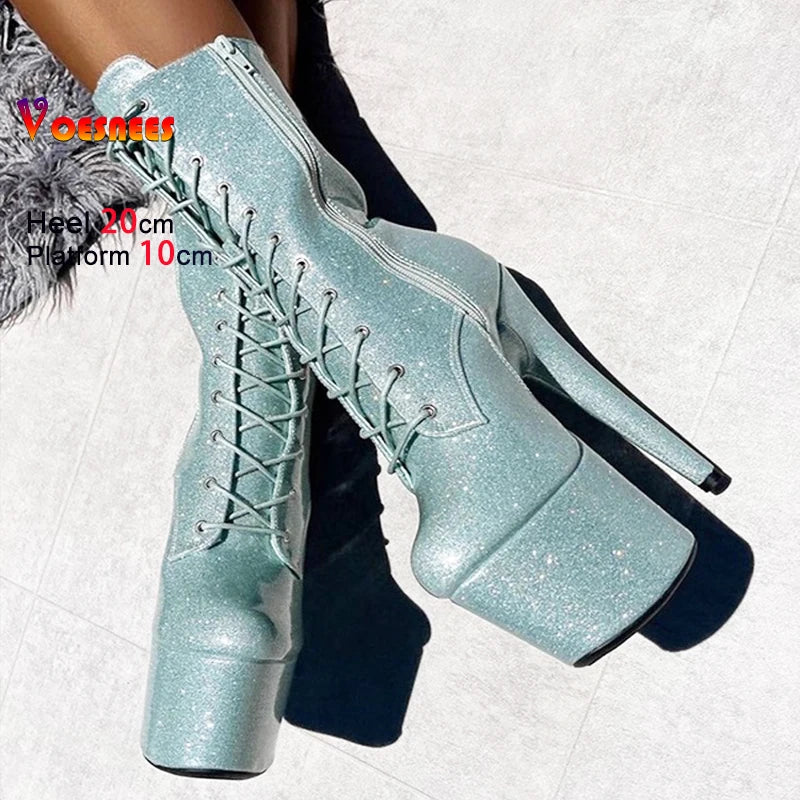 20CM/8Inch Bling Pole Dance Boots Woman Glossy Patent leather Red lace-up Nightclub Shoes Extreme high heel Platform Short Boots