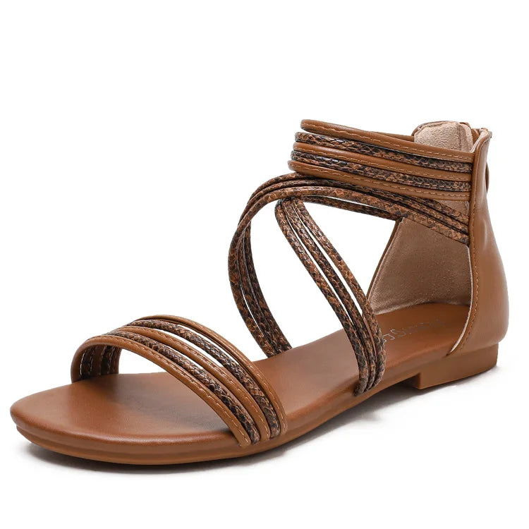 High quality leather flat sandals for women stripe zipper new summer 2026 36 42 open toe casual beach shoe black khaki brown
