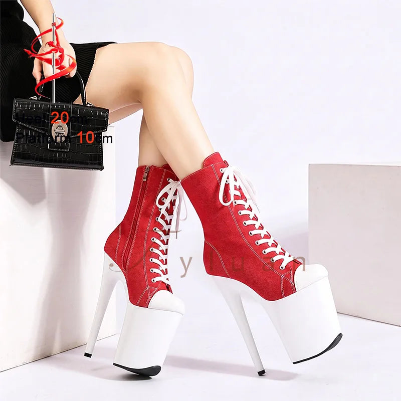 20CM/8Inch Extreme High Heel Platform Ankle Booties for Women Pole Dance Shoes Front Lace Up Black Denim Canvas Stiletto Boots