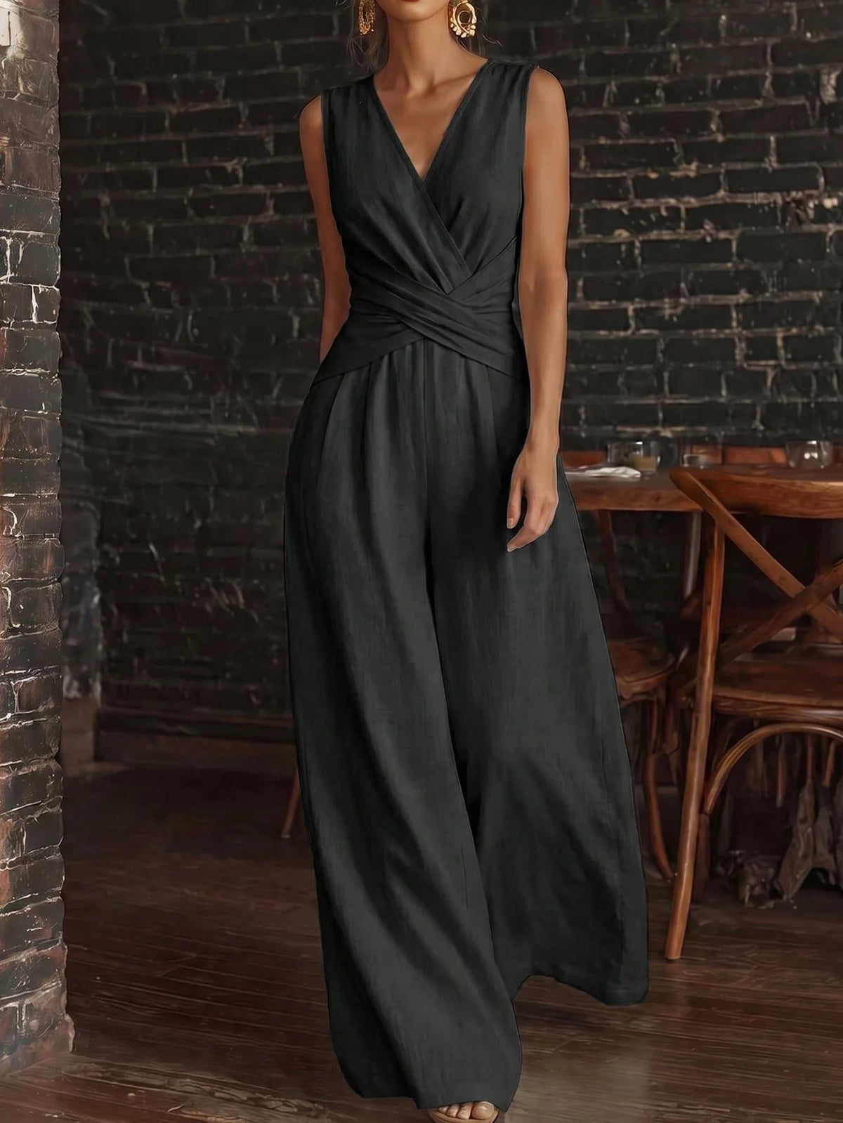 Fashion Light Blue Wide Leg Pants Jumpsuit Women's V-neck Sleeveless Cross Wrap Waist Design Rompers Summer Casual Jumpsuits