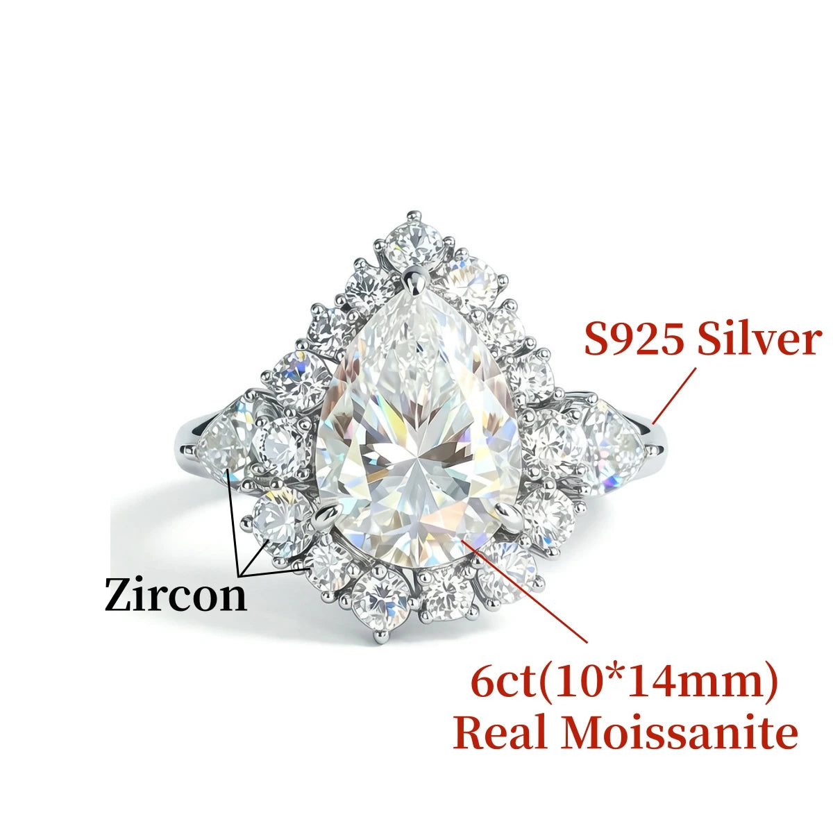GXTRS Luxury 6CT Waterdrop Moissanite Rings For Women S925 Silver Sparkling Lab Diamond Wedding Band Gift Fine Jewelry Certified