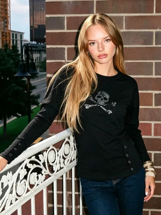 Retro Dark Style Long Sleeve T-Shirt round Neck Skull Print Decorated Buttons Spice Girl Theme American Fashion 2026 New