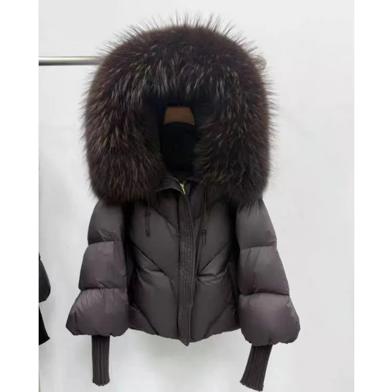 New Wool-neck Hooded Down Jacket Winter Thickened Warmth Loose Duck Down Coat Fashionable Simple Commuting Warm Women's Clothing