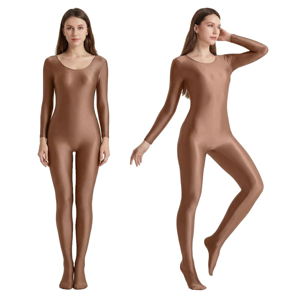 Women's Smooth Glossy High-Elastic Round Neck One Piece Catsuit Long Sleeve Zentai Jumpsuits Cosplay Performance Tights Bodysuit
