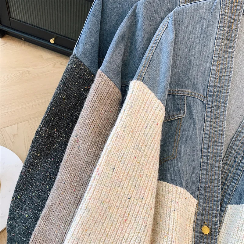 Fat mm200 Pounds Vintage Denim Patchwork Sweater Coat ins Fashion Woman 2024 Autumn and Winter Thickened Loose Niche Cardigan