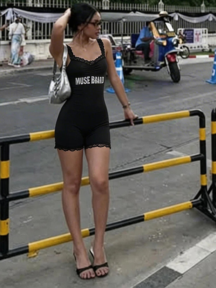 Kliou Lace Patchwork Playsuit Woman Summer Trend Letter Print Low-Neck Backless Skinny Stretch High Street Fashion Style Rompers