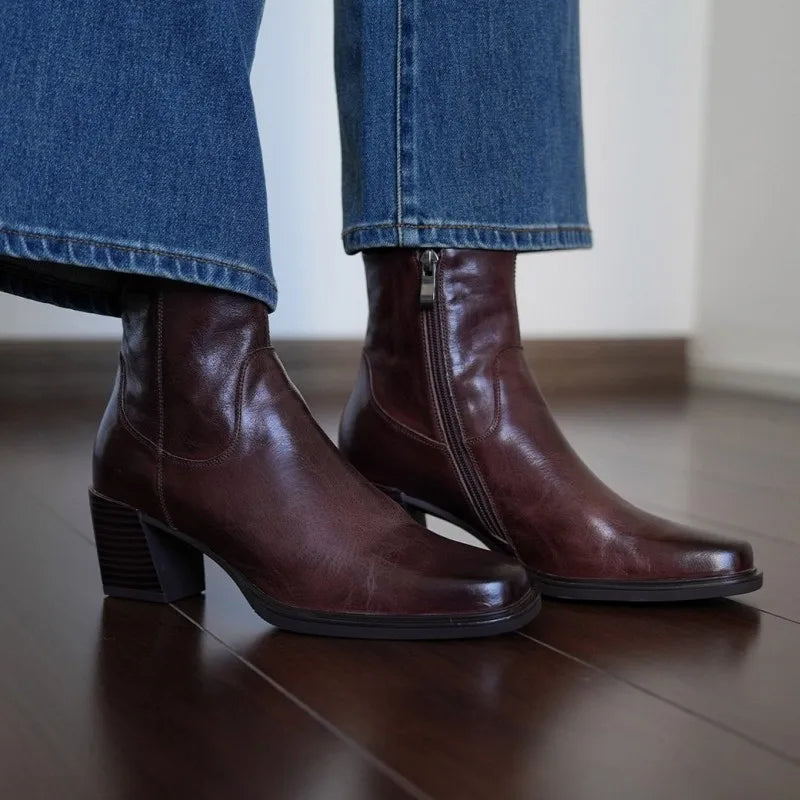 Elegant Office Ladies Chunky Heels Genuine Leather Short Boots Square Toe New Designer Shoes Women Vintage Cowhide Ankle Boots