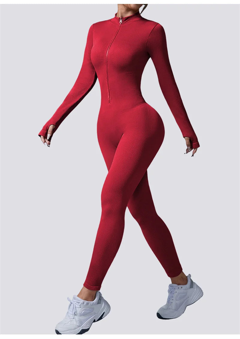 Screw Zipper Long Sleeve Jumpsuit Woman Slim Gym Workout Running Yoga Jumpsuits Women V Neck Tight Sports Fitness Clothes
