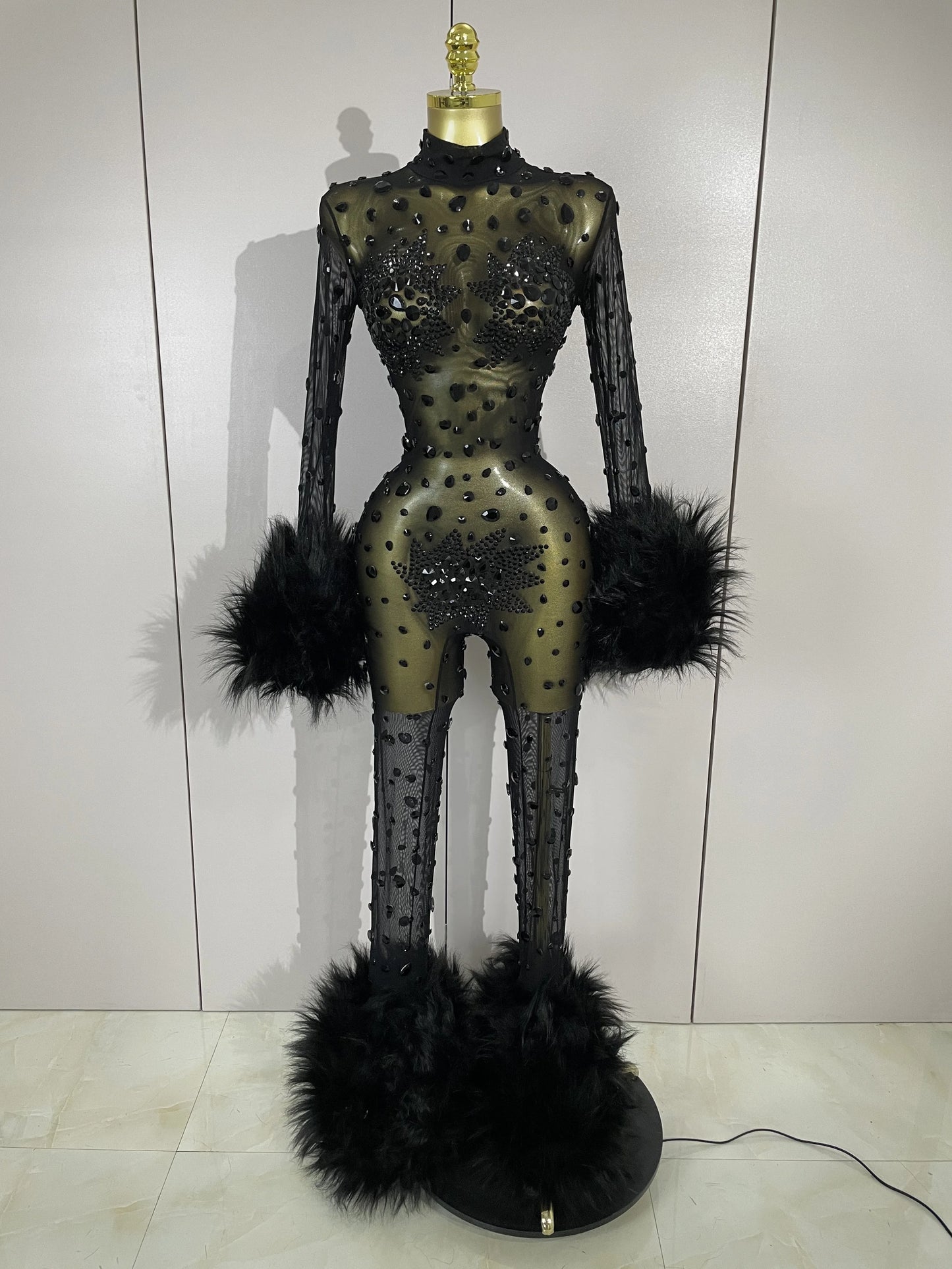 STOCK Luxury Diamond Black Mesh Transparent Stretchy Long Sleeve Jumpsuit Women Sexy Performance Singer Costume Nightclub Outfit