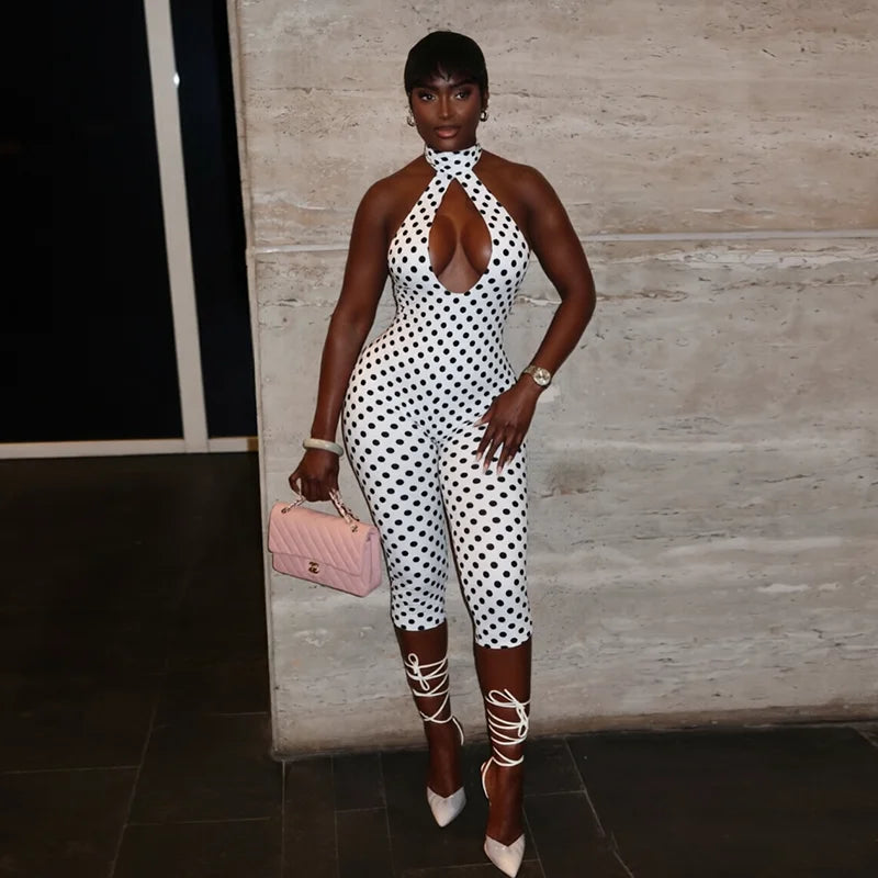 Polka dot print neck strap, big backless, tight fitting and slimming seven part jumpsuit