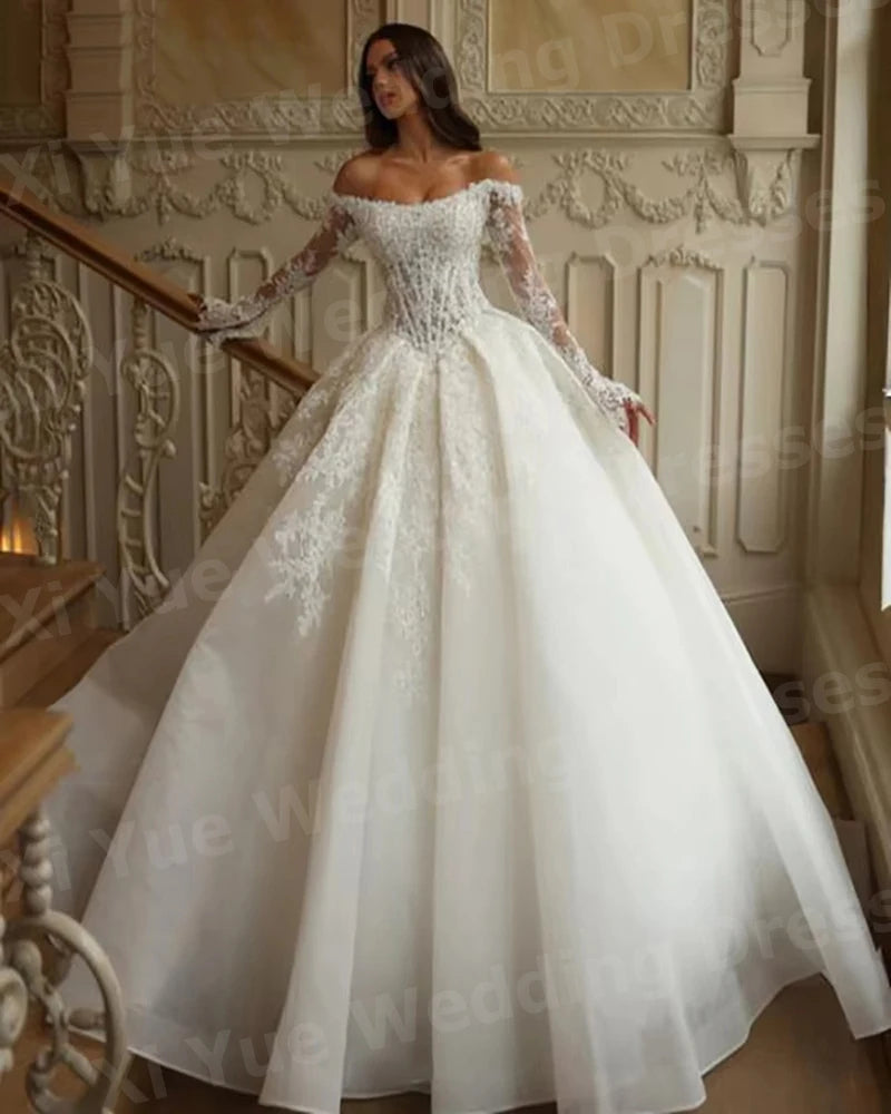 Elegant A Line Women's Off The Shoulder Lace Appliques Wedding Dresses Vestido De Novia Bride Gowns Customized Robe De Mariée