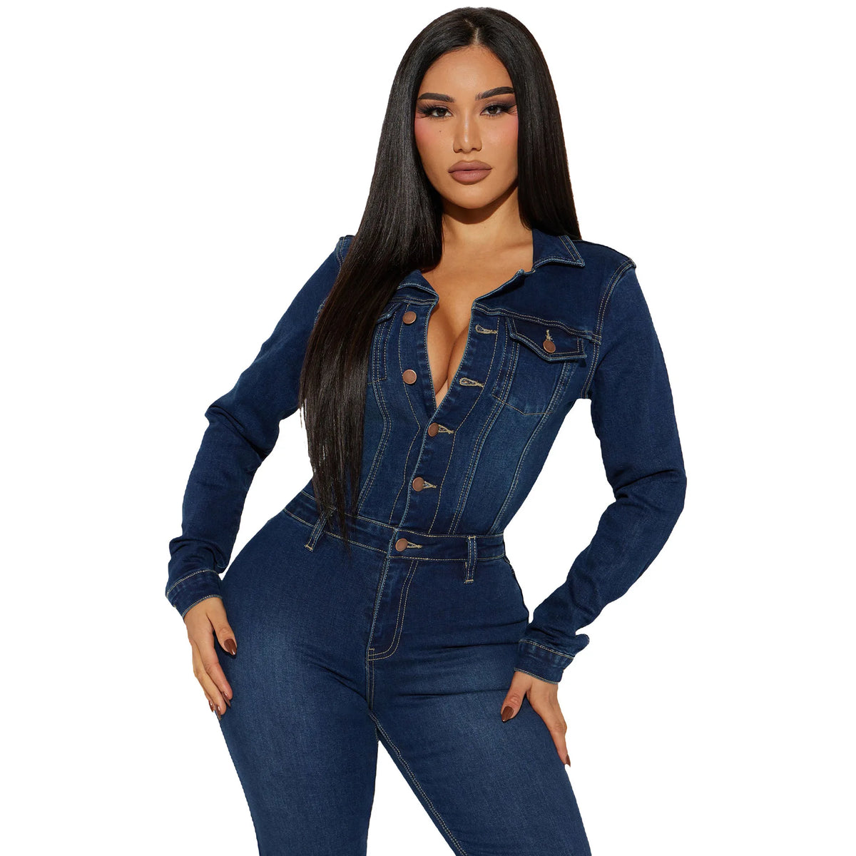 FAGADOER Fashion Denim Elastic Flared Pants Jumpsuits Women Turndown Collar Button Long Sleeve Playsuits Female Cowboy Overalls