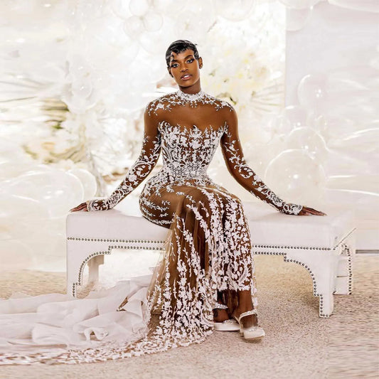 Gorgeous Applique Long Wedding Dress Beaded Lace Mermaid Bride Dresses Beading See Through Illusion Wedding Gown with Sleeves