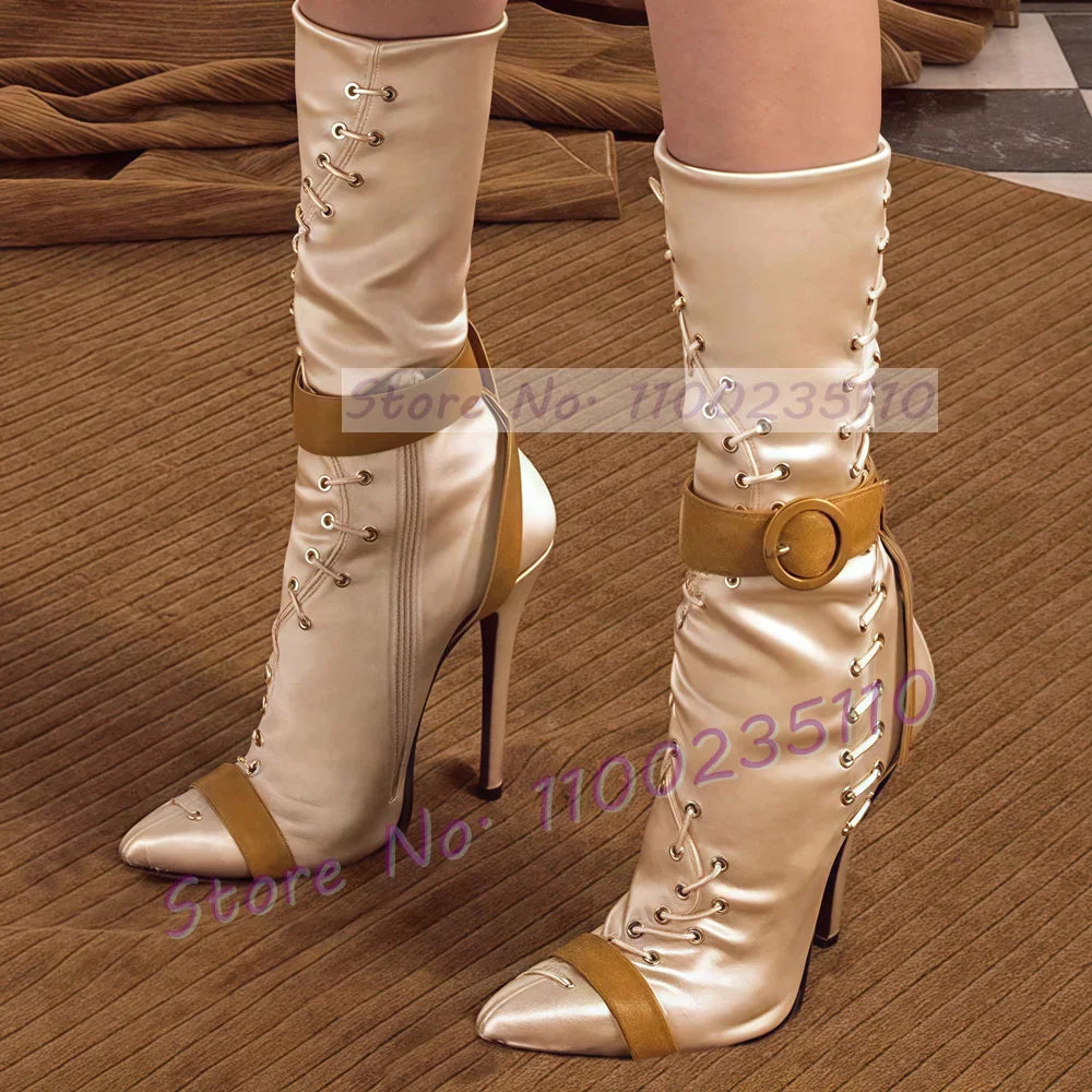 Champagne Satin Mid Calf Boots Women Novelty Pointed Toe Brown Buckle Strap Slim Shoes Splicing Sewing High Heels Side Zip Boots