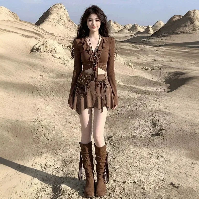 Travel Wear Desert Wasteland Style Dress Summer Maillard Western Denim Skirt Set