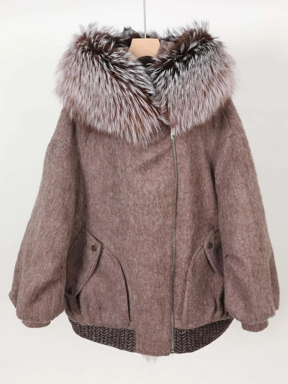 Maomaokong high-end Wool fabric Luxury Women's Big Fox Fur Collar Puffer Jacket Natural Fur down Coat Winter Thickened Warm