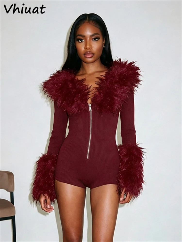 Vhiuat Women Women's Sexy Kintted Faux Fur Slim Playsuits Fashion Streetwear Rompers Fashion One-piece Tops All-match Bodysuit