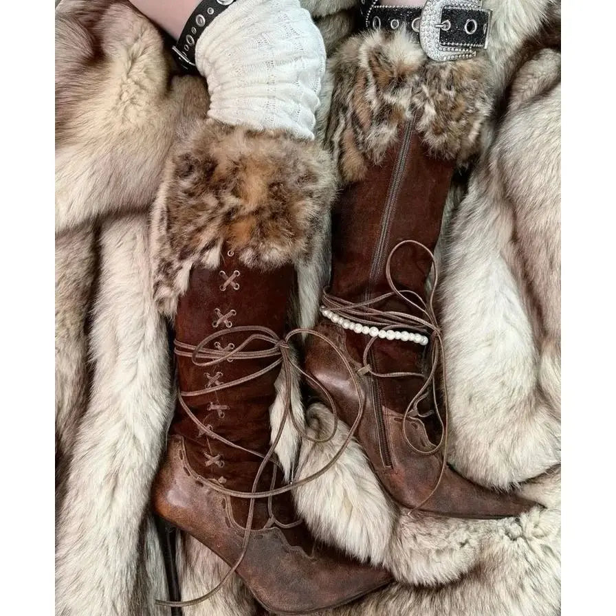 Vintage Leopard Fur Leather Brown Knee High Boots Women's Lace up Patchwork High Heels Zip Pointy Toe Long Boot Designer Shoes