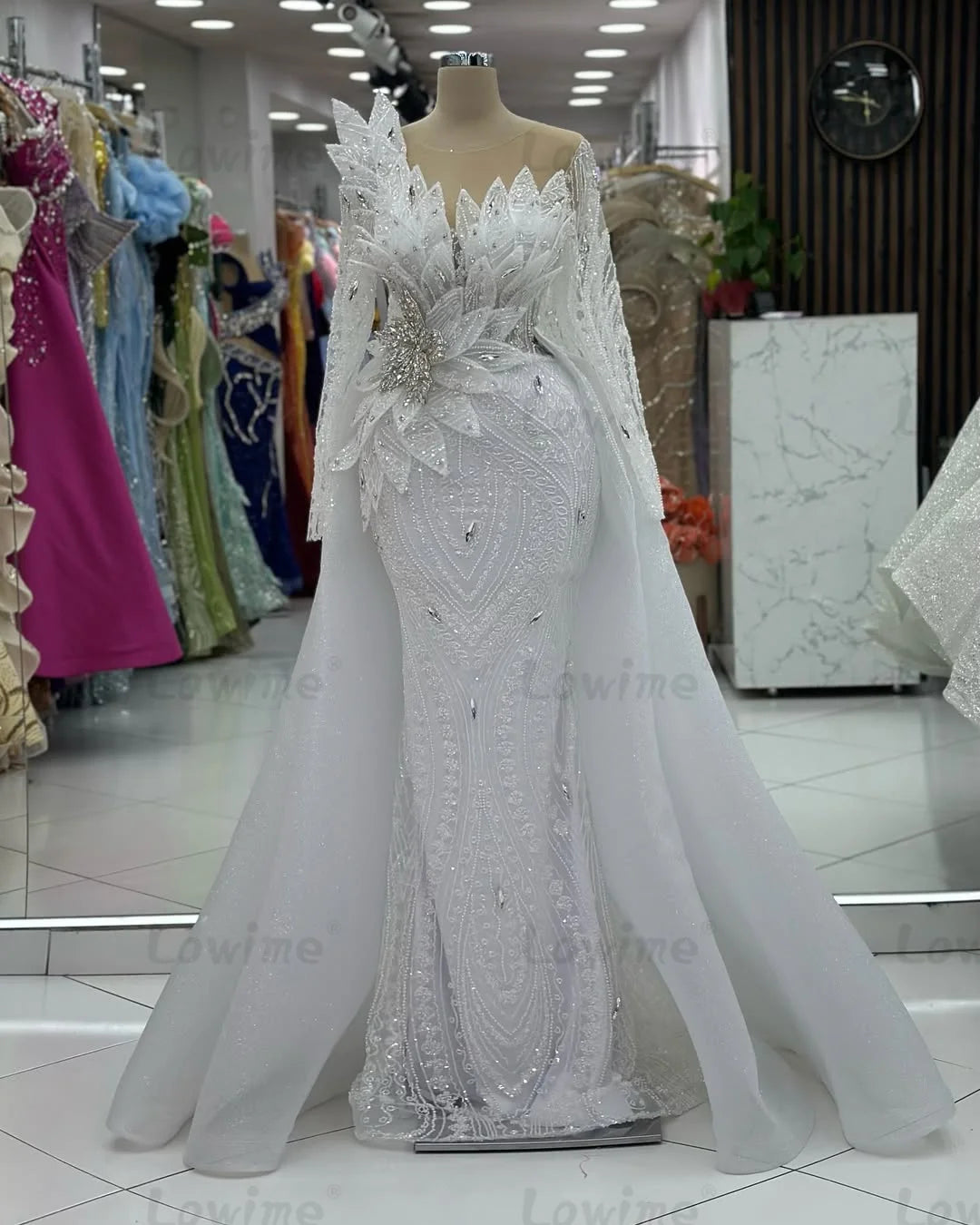 2025 White 2 In 1 Long Prom Dresses Customized Crystals 3D Leaf Arabic Mermaid Wedding Party Dress Engagement Gown Prom Dresses
