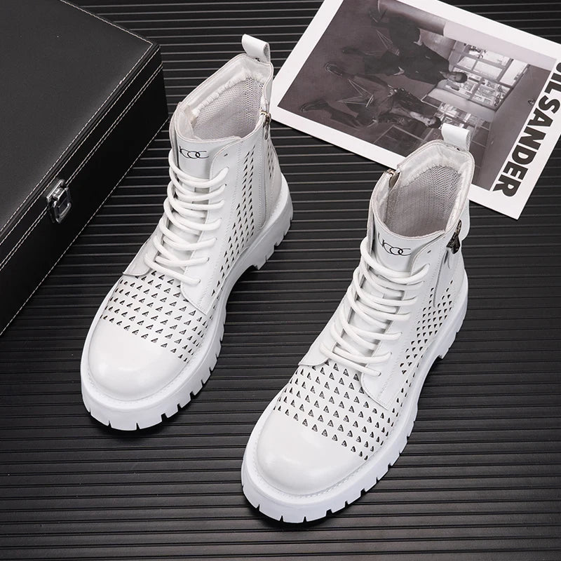 Summer Men's Hollow Ankle Boots Breathable Height-increasing Leather Motorcycle Boots Autumn Men Thick-soled High-top Shoes