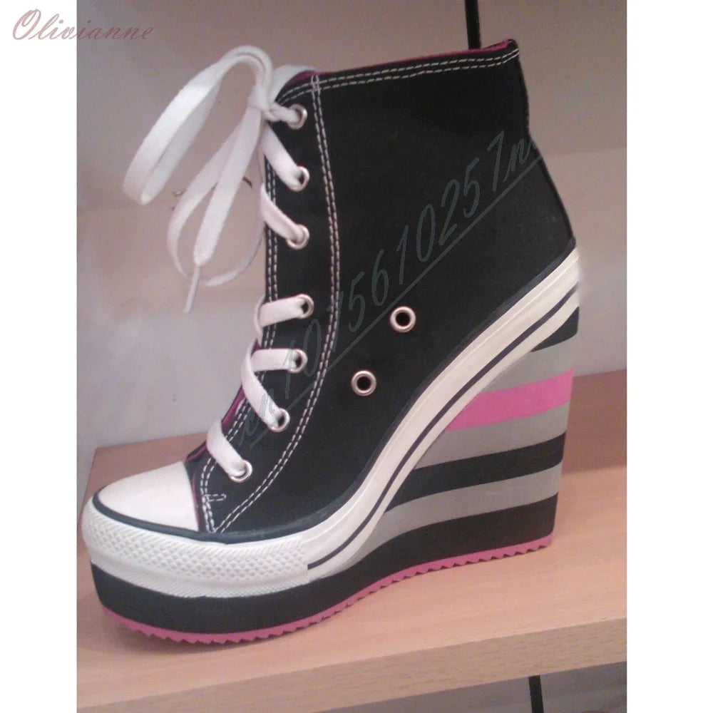2026 New Arrival Women Black Canvas Wedge Heel High Top Sneakers Lace Up Platform Casual Sneakers Striped Wedge Sole Streetwear