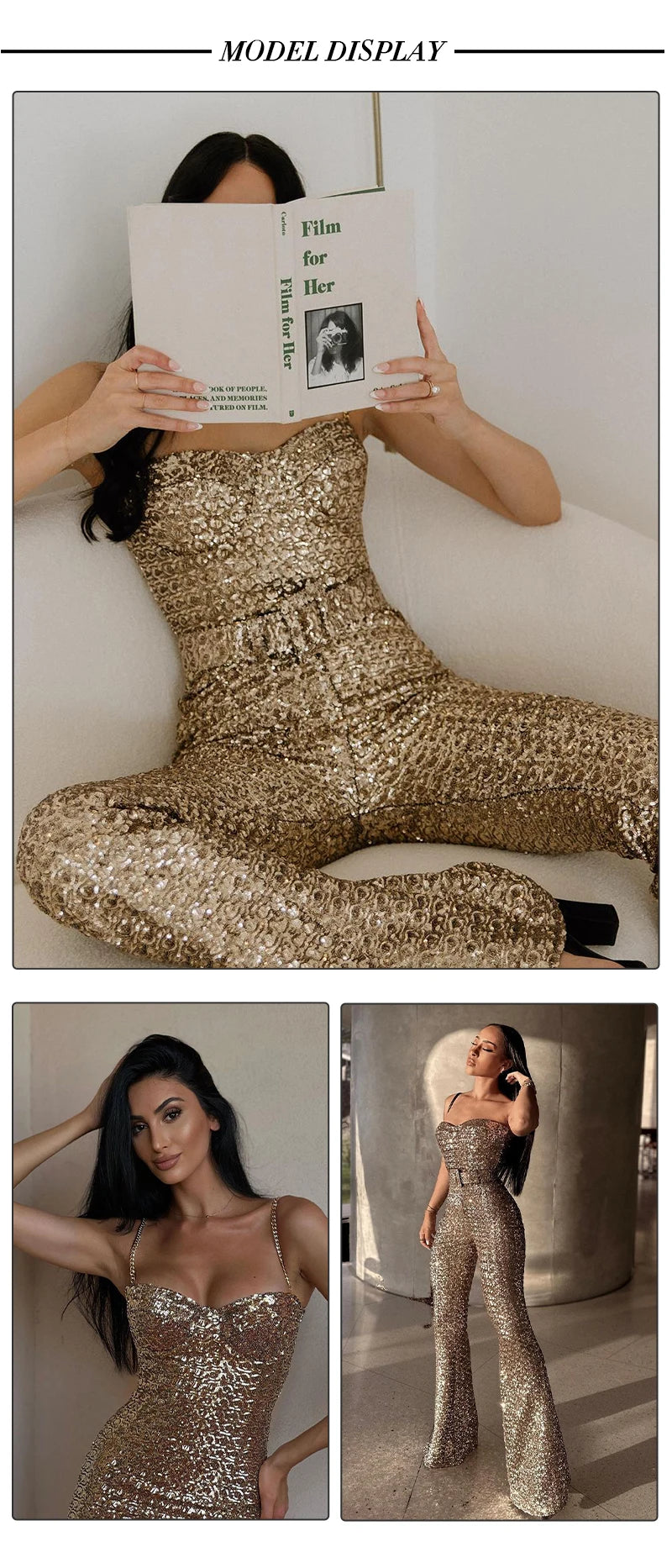 VC Women's Jumpsuits Luxury Gold Sequins Design Birthday Party Clubwear Sleeveless Spaghetti Strap Jumpsuits With Belt