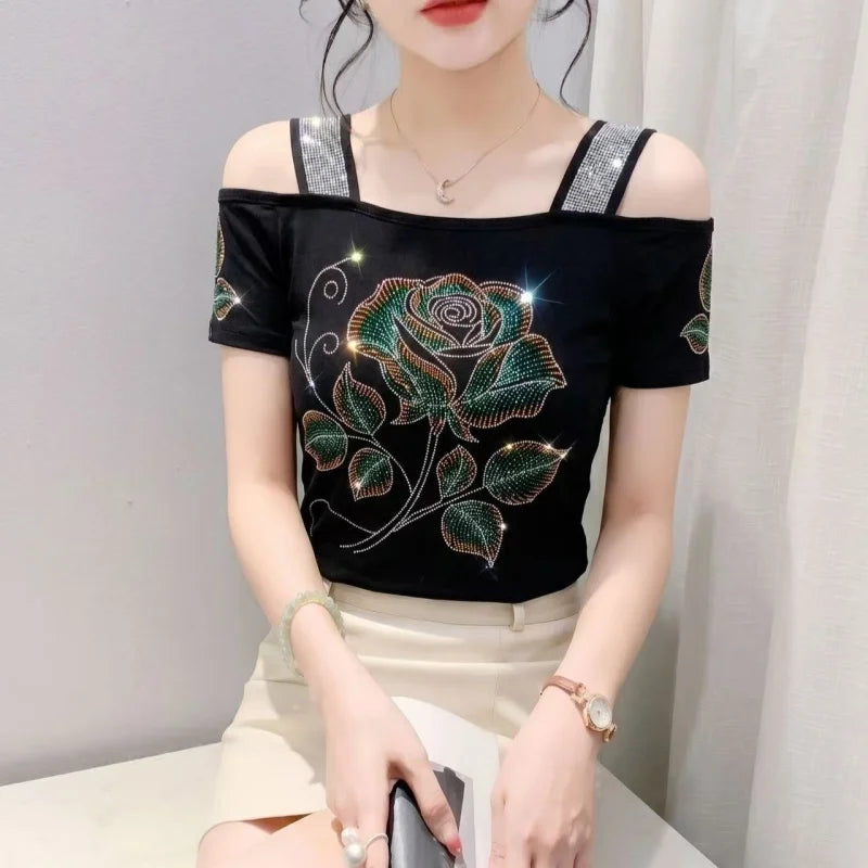 High Quality Elasticity Clothes Fashion T-Shirts Women's Sexy Off Shoulder Shiny Diamonds Mesh Tops Summer Tees Shirt