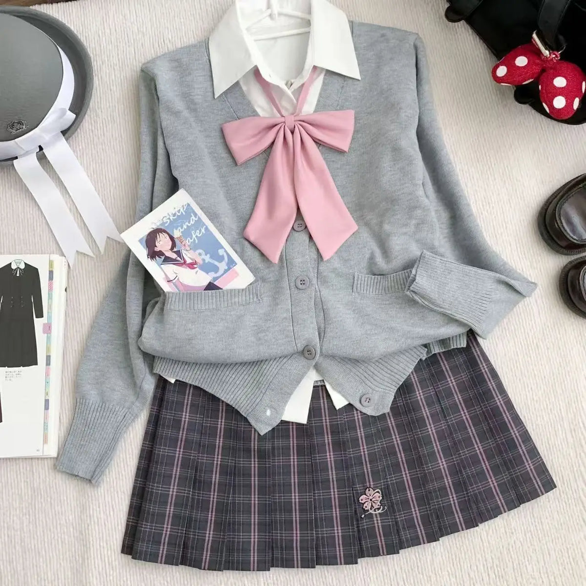 3Pc Set Japanese Korean School Uniforms Multicolor Sweater&Plaid Pleat Skirt with Bow Jk Uniform Suit Graduation Costumes Women