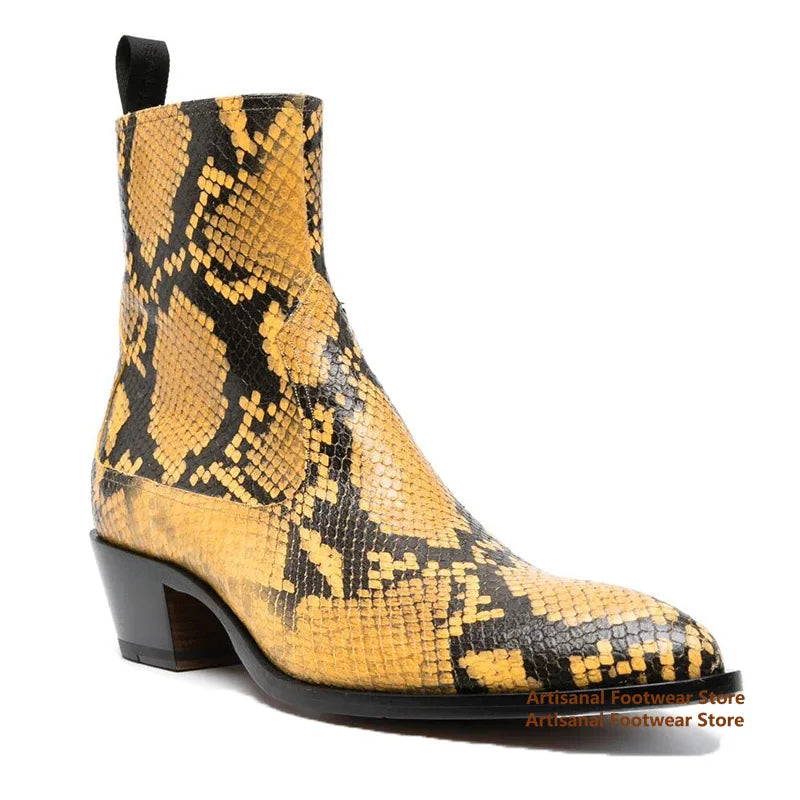 Snake Pattern Chelsea Boots Designer Side Zipper High-Top Men's Boots British Style Trendy Handmade Height Increased Men Boots