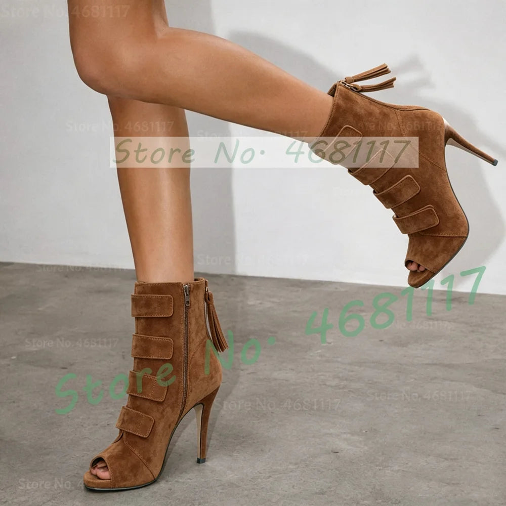 Blue Suede Peep Toe Short Boots Women Trendy Multi Straps Design Fringes Warm Boots Cool Side Zipper High Heels Splicing Shoes