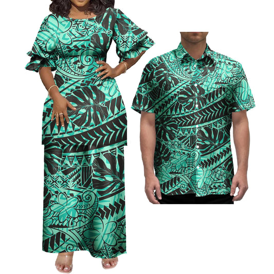 New Wholesale Custom Polynesian Tribal Design Petal Sleeve Samoan Puletasi Set Ptaha Plus Size Women 2 Piece Outfits Sets Dress