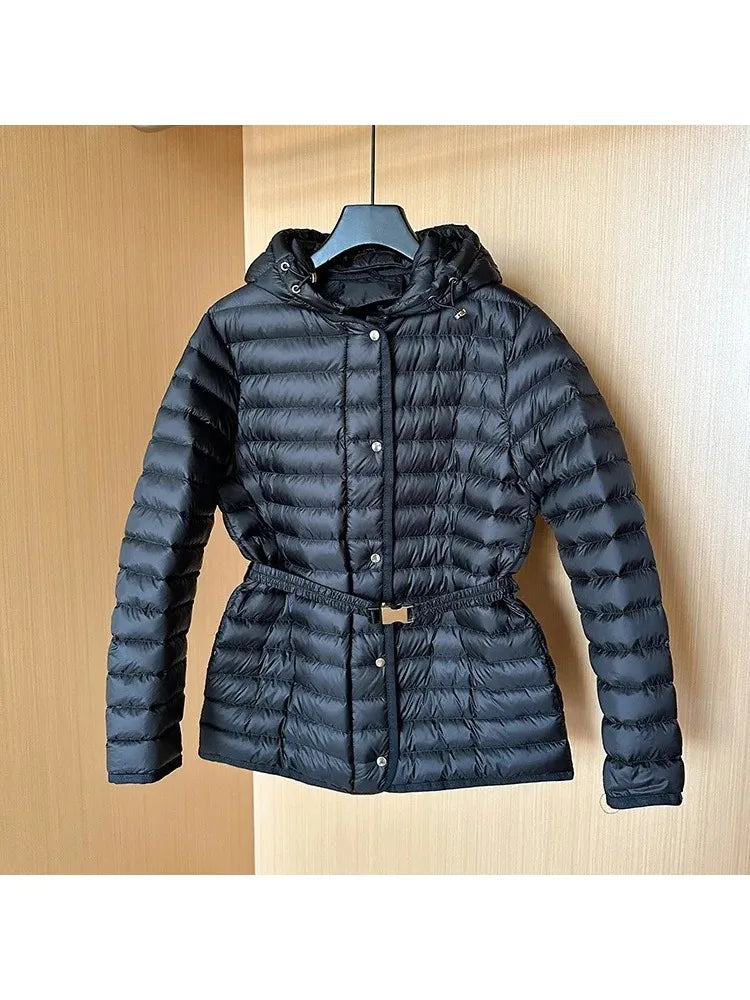 2025 Autumn Winter Luxury Lightweight Short Slim 90% White Duck Down Jacket Women Hooded Detachable Sash Warm Down Coat Fashion