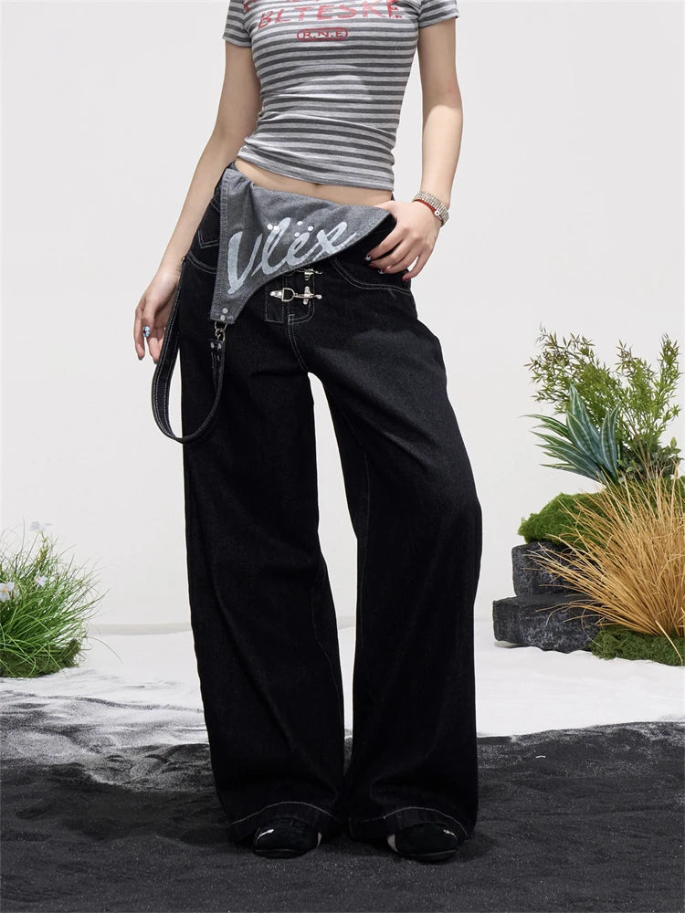 Women's Detachable Black Overalls Street Jumpsuits Wide Leg Sweatpants Straight Unisex Trousers High Waist Casual Baggy Pants