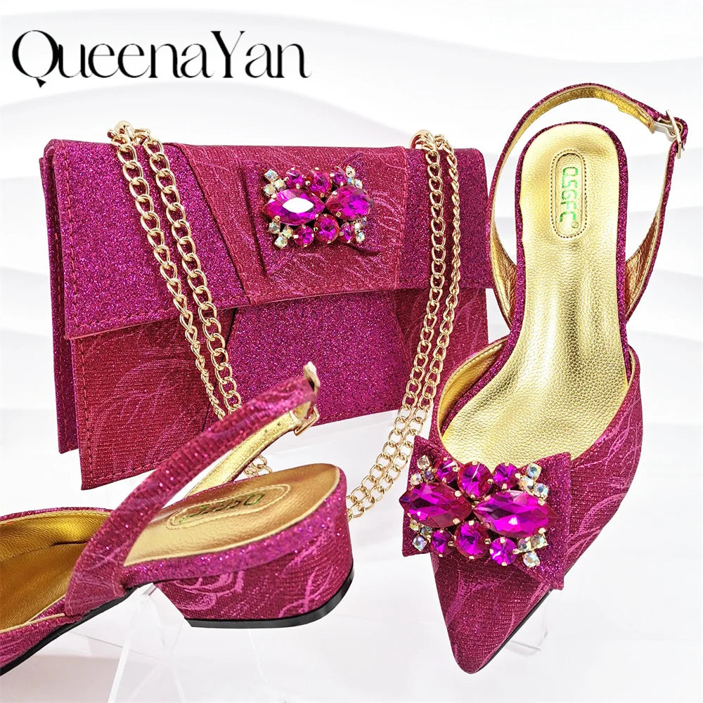Banquet Women's Shoes And Bag Light and Comfortable Shoes Rhinestones Embellished with The Same Fine Handbag Low Heel Shoes