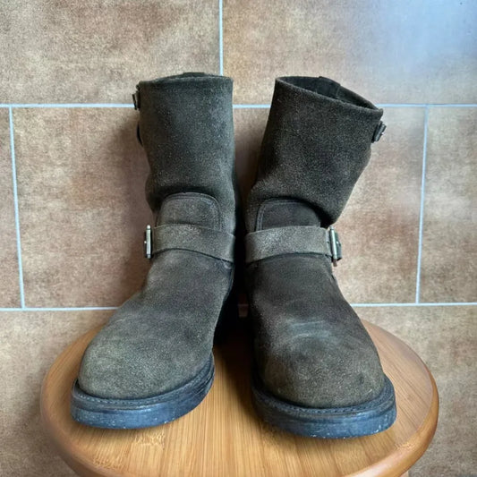 Fashion Men's Genuine Leather Motorcycle Boots Handmade Mid-Calf Metal Buckle Strap Work Shoes Engineer Boots Knight Boots