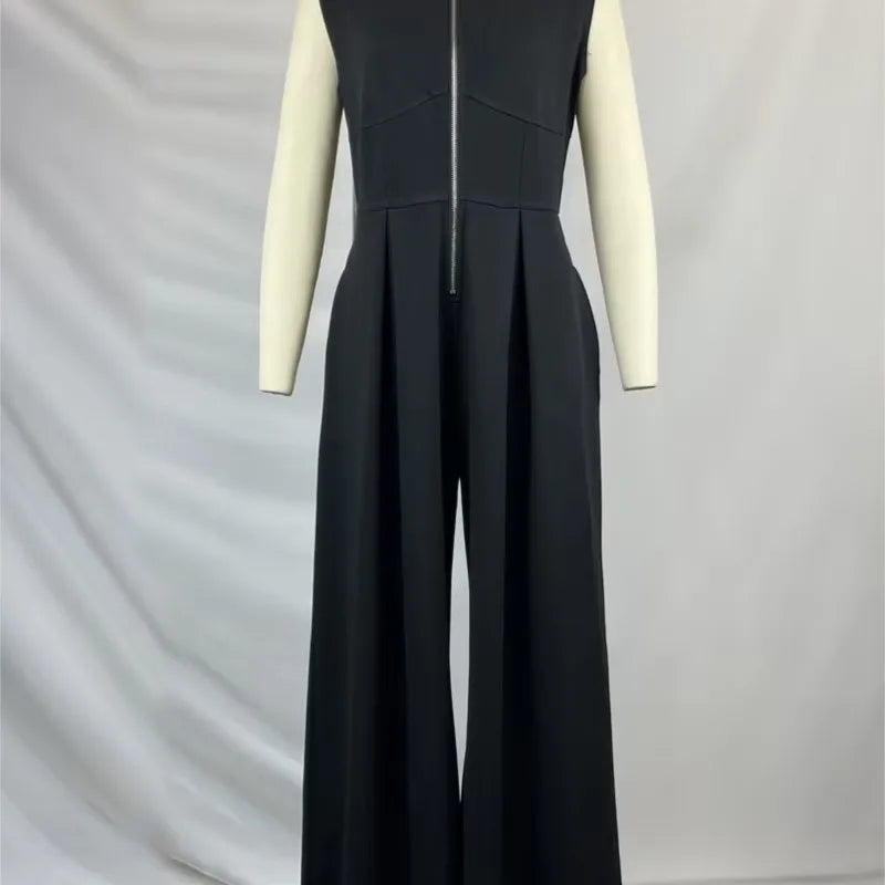Fashion Sleeveless Jumpsuits Women's Trendy Solid Color V-Neck Zipper Loose Pockets High Waist Wide Leg Pants One Piece Outfits